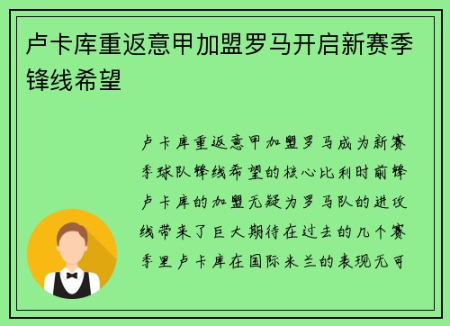 卢卡库重返意甲加盟罗马开启新赛季锋线希望