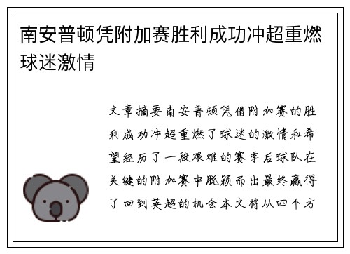 南安普顿凭附加赛胜利成功冲超重燃球迷激情