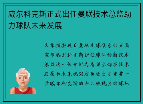 威尔科克斯正式出任曼联技术总监助力球队未来发展 威尔科克斯正式出任曼联技术总监助力球队未来发展